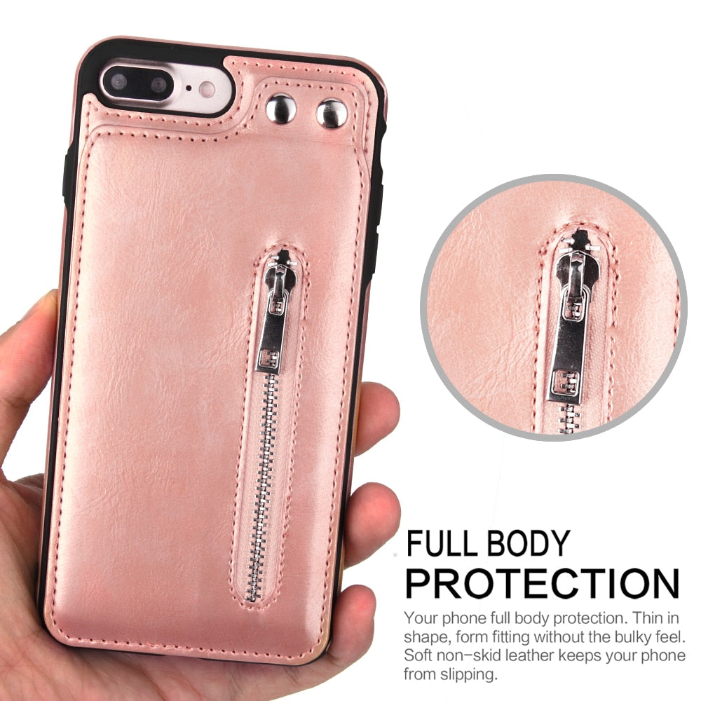 Cases For iPhone X 8 7 6S 6 Plus 5S SE Fashion zipper Leather Phone Case Card Holder Wallet Cover