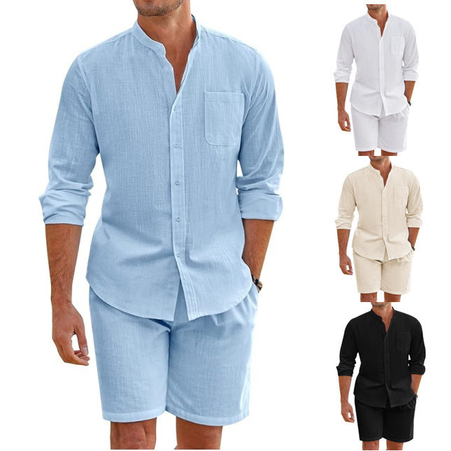 Casual Men's Summer Two-Piece Set Polyester Button-Up Long Sleeve Shirt and Shorts Cardigan Simple Leisure Beachwear
