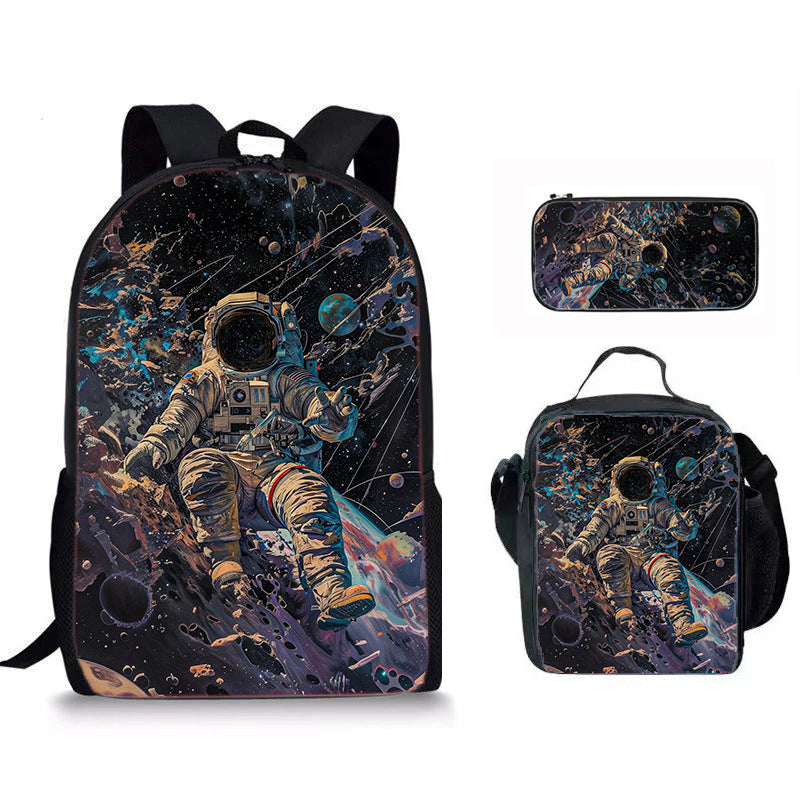 Astronaut Space Character Anime Style 3-Piece Set Backpack Lunch Bag Pencil Case Student Organizer Casual Fashion