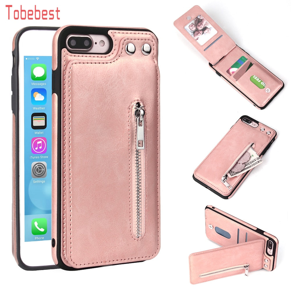 Cases For iPhone X 8 7 6S 6 Plus 5S SE Fashion zipper Leather Phone Case Card Holder Wallet Cover