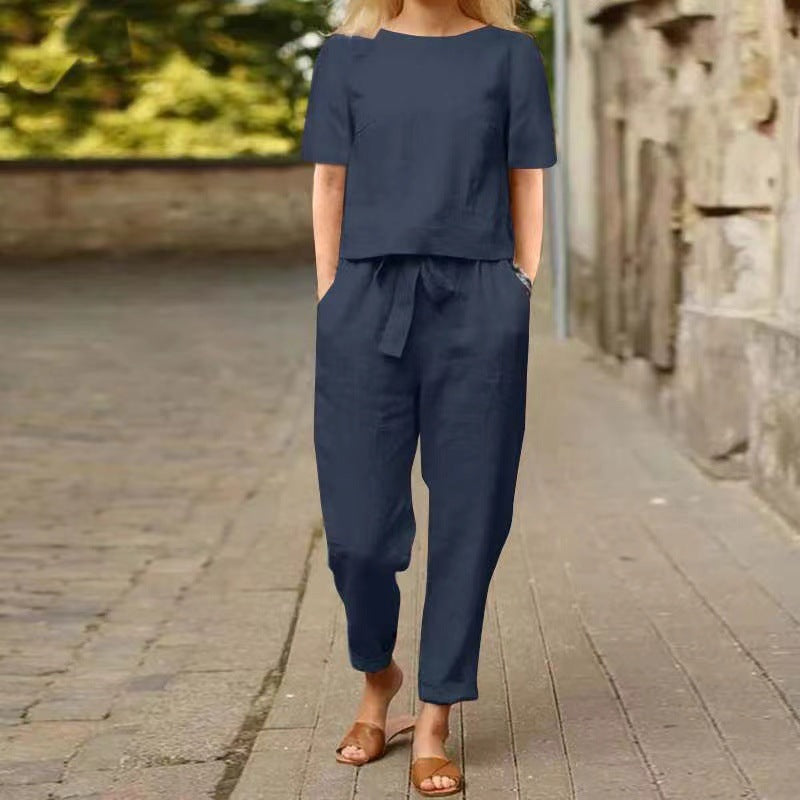 Casual Linen Cotton Summer Matching Set Women's Short Sleeve O-Neck Oversized Tunic &amp; Wide Leg Pants Vintage Two-Piece Set