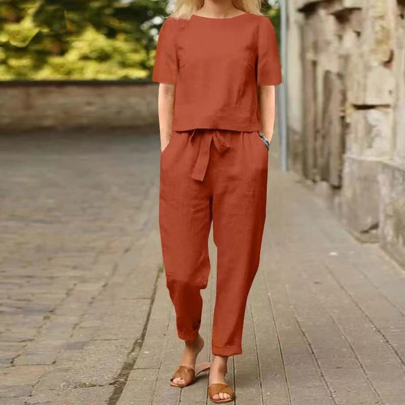Casual Linen Cotton Summer Matching Set Women's Short Sleeve O-Neck Oversized Tunic &amp; Wide Leg Pants Vintage Two-Piece Set