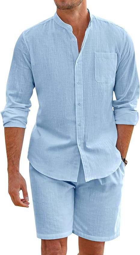 Casual Men's Summer Two-Piece Set Polyester Button-Up Long Sleeve Shirt and Shorts Cardigan Simple Leisure Beachwear