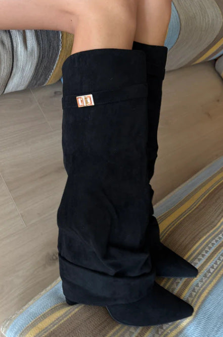 Boots with pointed toes large tube circumference straight tube metal buckle medium length tube thick heel women's boots