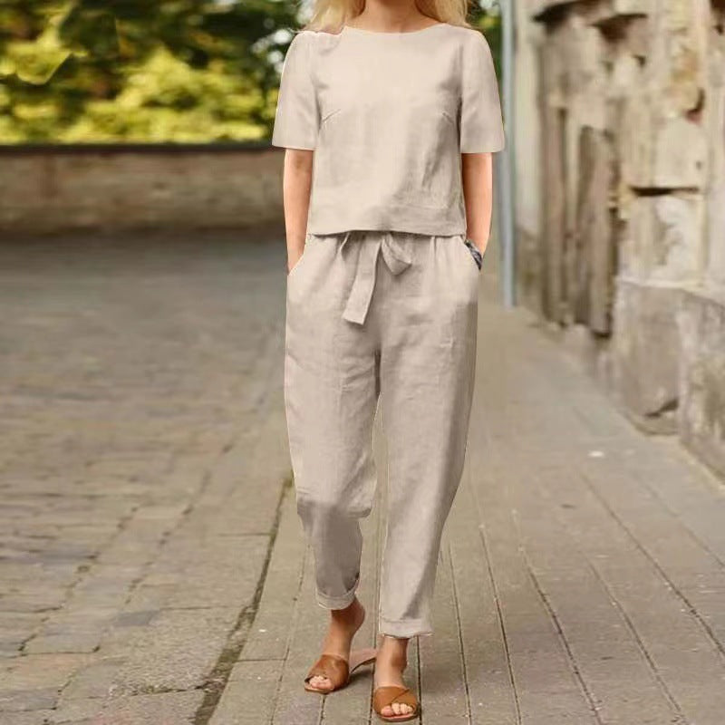 Casual Linen Cotton Summer Matching Set Women's Short Sleeve O-Neck Oversized Tunic &amp; Wide Leg Pants Vintage Two-Piece Set