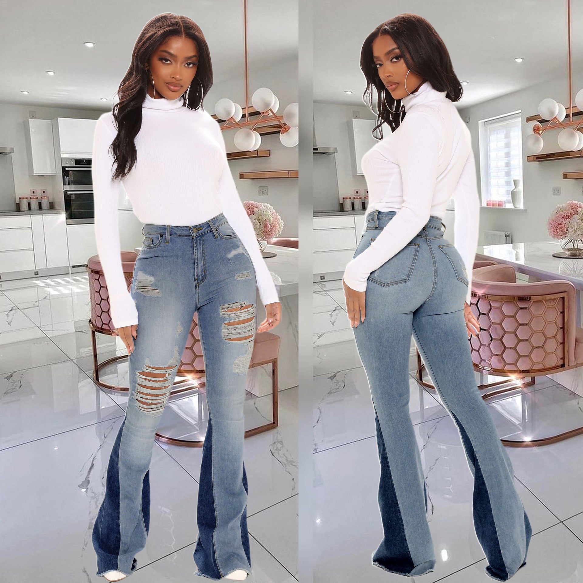 Broken hole washed women's flared jeans