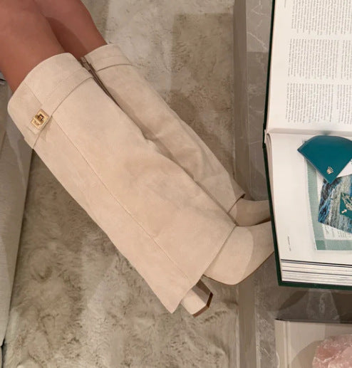 Boots with pointed toes large tube circumference straight tube metal buckle medium length tube thick heel women's boots