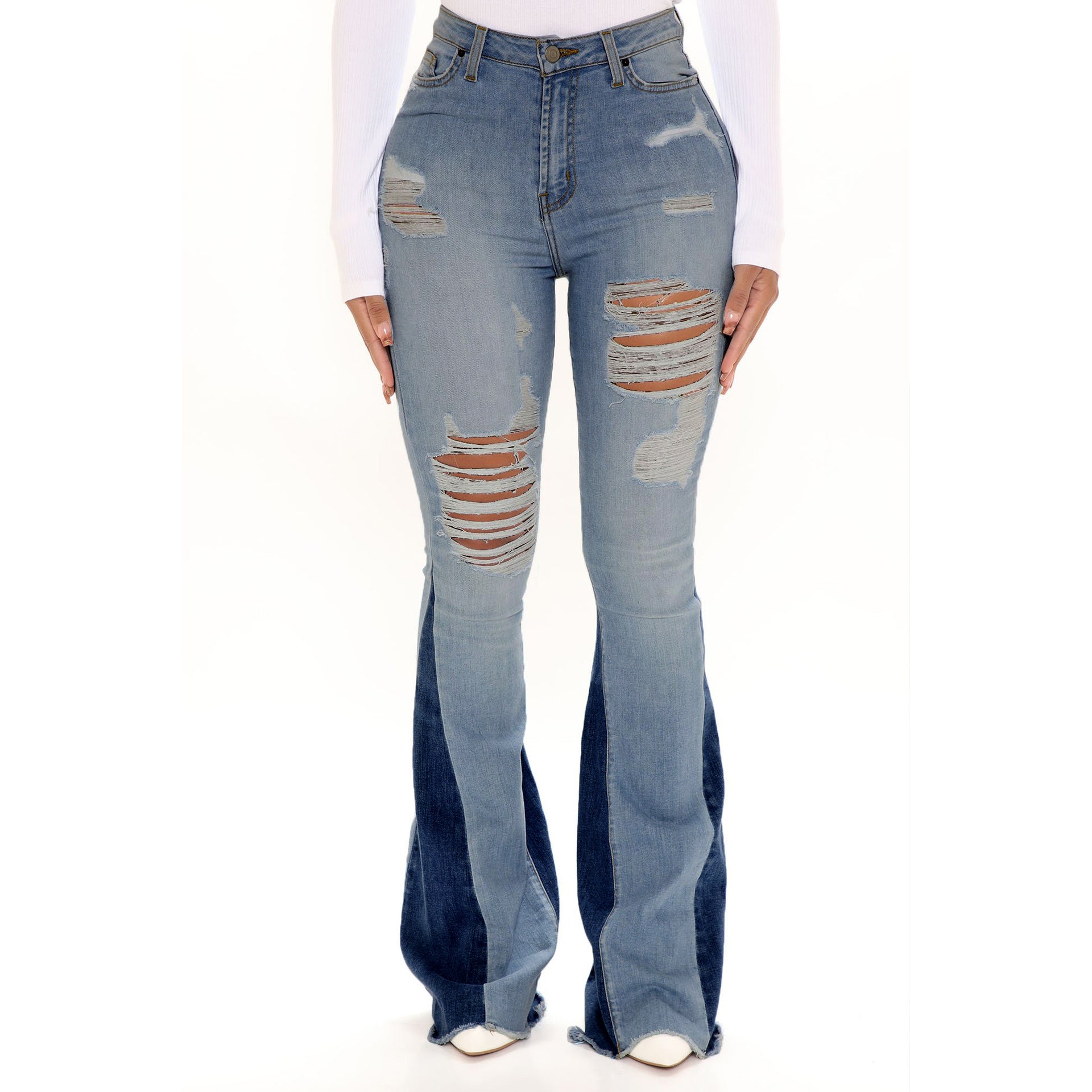 Broken hole washed women's flared jeans