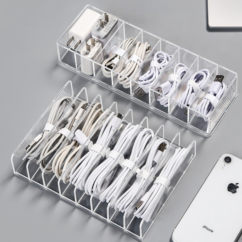 Data Cable Storage Box Transparent With Compartmentalized Charging Cable Organizer Desktop Large Capacity Power Cord Organizer Box