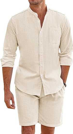 Casual Men's Summer Two-Piece Set Polyester Button-Up Long Sleeve Shirt and Shorts Cardigan Simple Leisure Beachwear