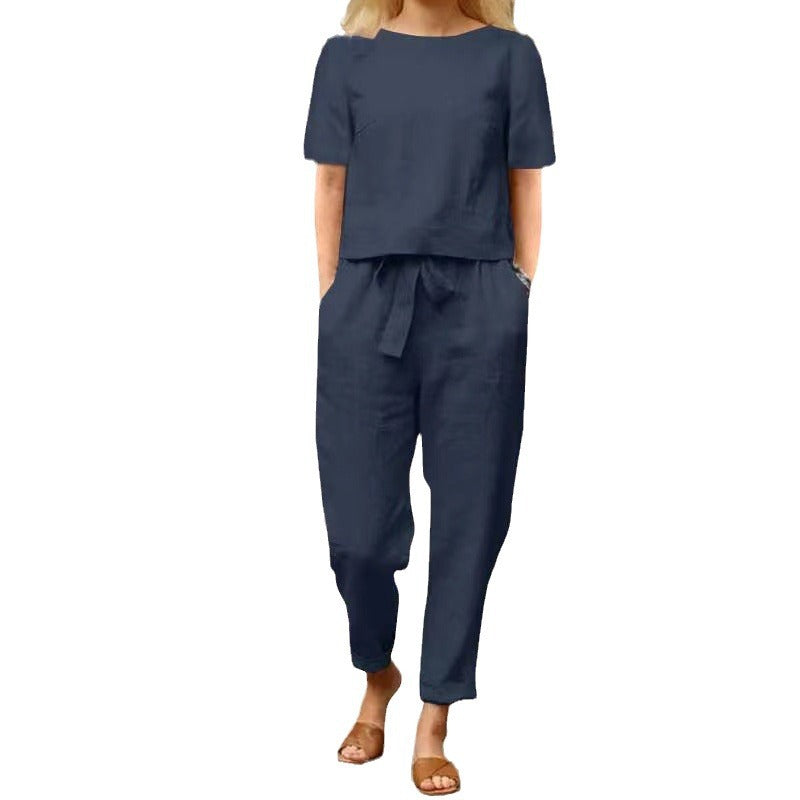 Casual Linen Cotton Summer Matching Set Women's Short Sleeve O-Neck Oversized Tunic &amp; Wide Leg Pants Vintage Two-Piece Set