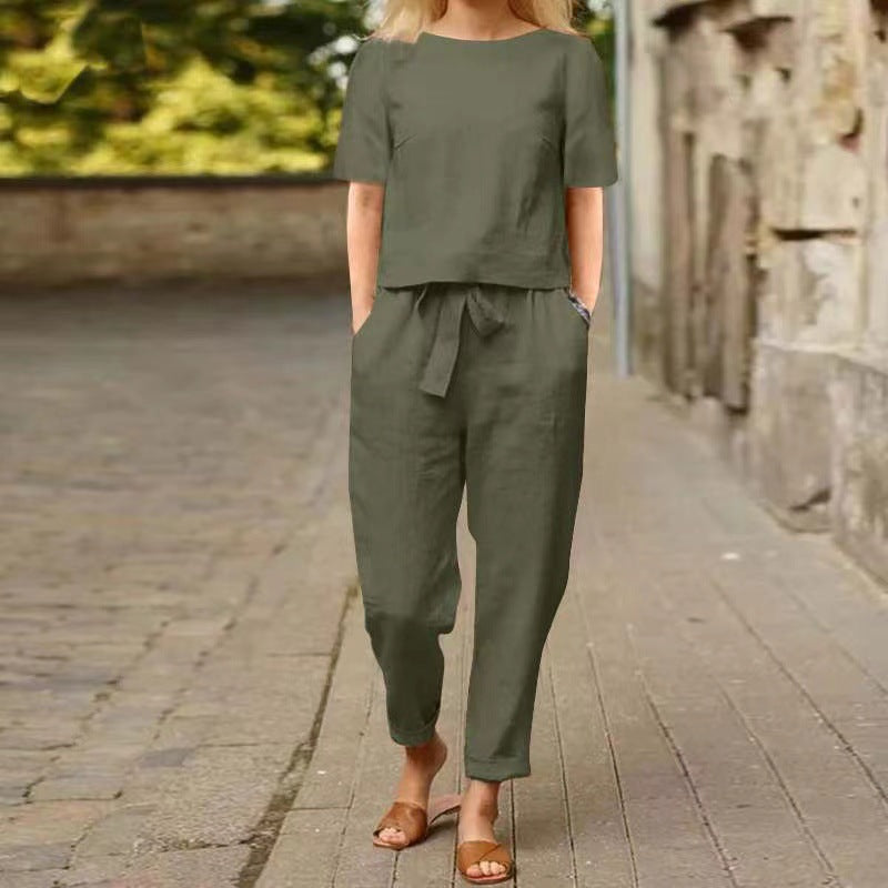 Casual Linen Cotton Summer Matching Set Women's Short Sleeve O-Neck Oversized Tunic &amp; Wide Leg Pants Vintage Two-Piece Set