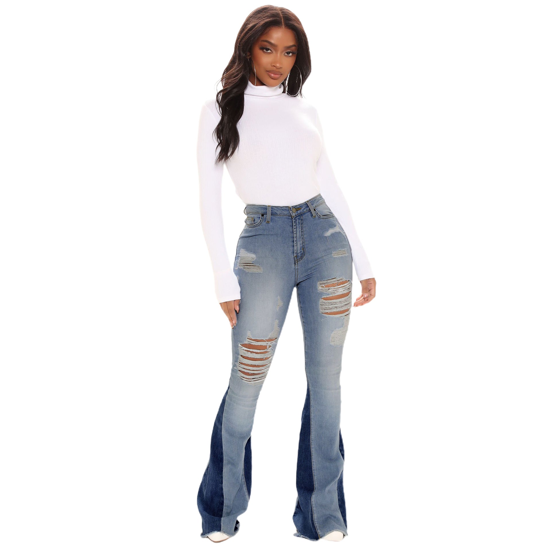 Broken hole washed women's flared jeans