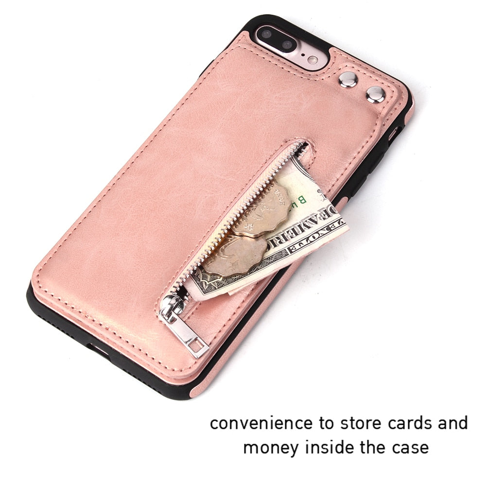 Cases For iPhone X 8 7 6S 6 Plus 5S SE Fashion zipper Leather Phone Case Card Holder Wallet Cover