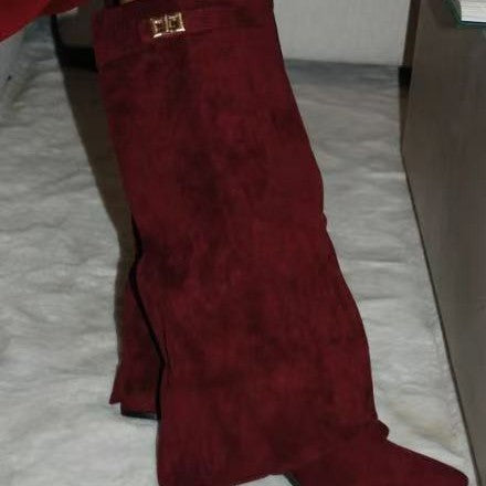 Boots with pointed toes large tube circumference straight tube metal buckle medium length tube thick heel women's boots